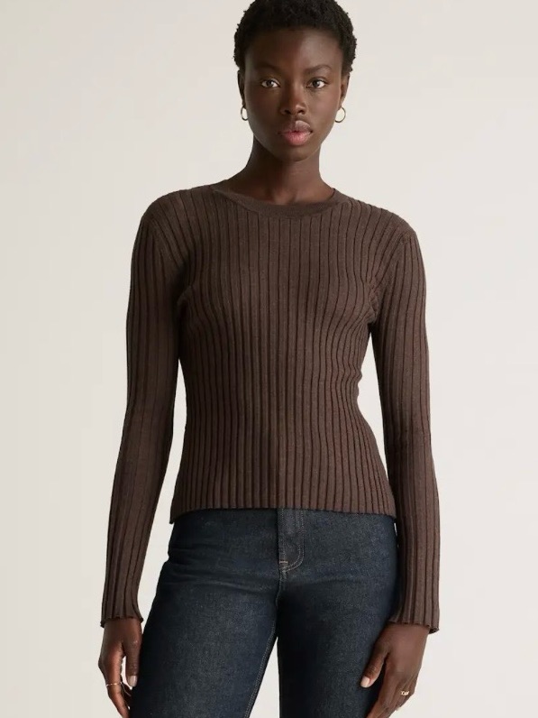 Nwt Quince Cotton Cashmere Ribbed Long Sleeve Sweater Mocha Heather Xl Brown